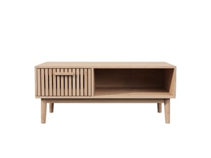 Table basse fixe 100 cm, 1 tiroir et porte coulissante à persiennes, style scandinave japandi, pieds en bois massif, bois clair