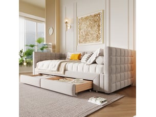 Lit banquette extensible 90 × 200 cm avec 2 tiroirs, sans matelas, en velours, beige