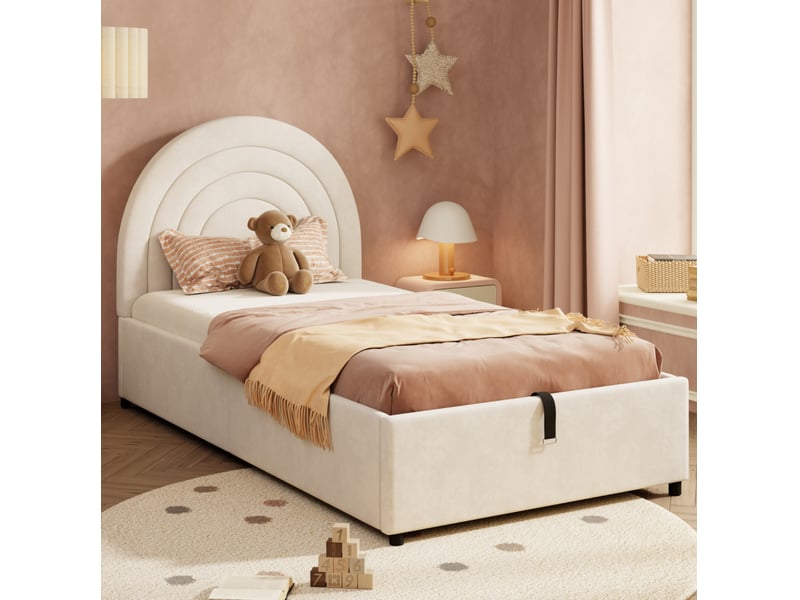  Lit coffre 90x200 cm avec sommier à lattes, revêtement en velours beige  - Conforama B