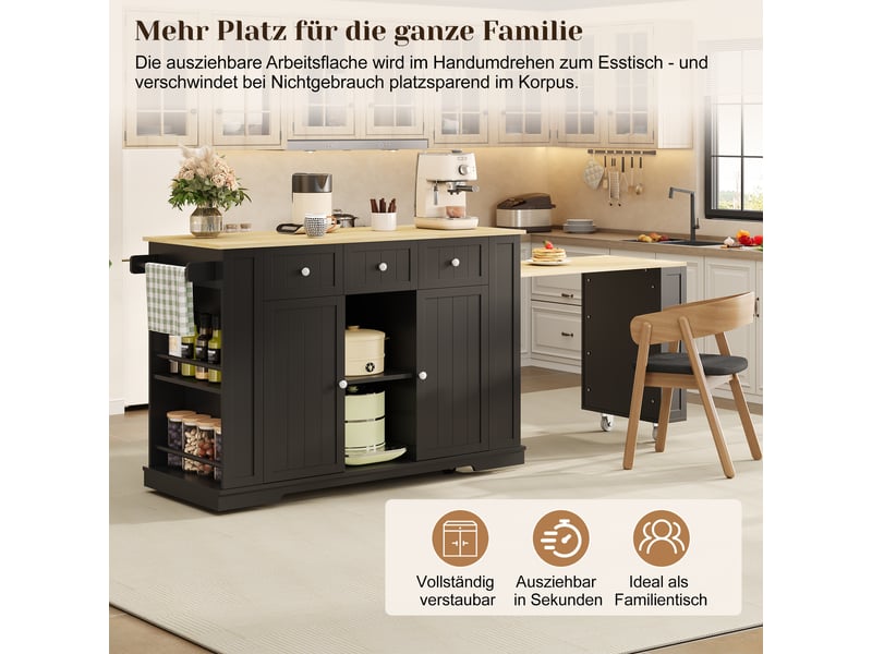  Îlot de cuisine avec table extensible noir et naturel 138-213 x 55 x 93 cm  - Conforama D