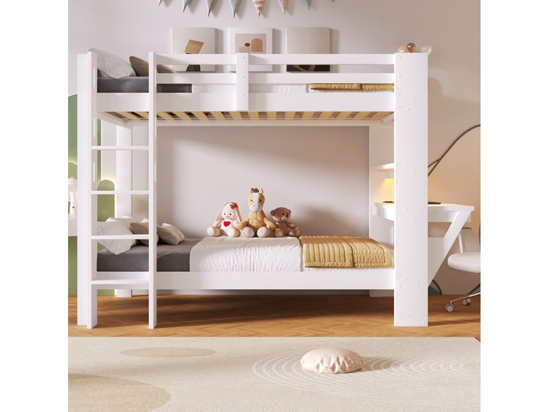  Lit superposé 90 × 200 cm avec bureau, étagères ouvertes, prises usb et usb-c, éclairage led, en pin et mdf blanc  - Conforama E