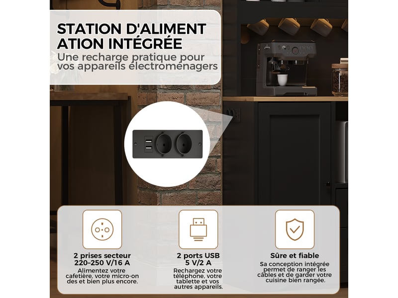  Meuble de cuisine muvano noir, buffet haut de 163 cm avec led, prises et niche micro-ondes  - Conforama R