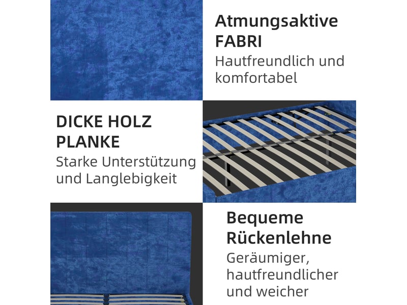 Lit double 140x200 cm en velours bleu, tête de lit capitonnée, style moderne pour chambre - Conforama E