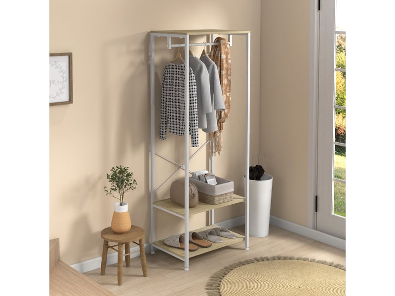  Porte-manteaux avec tringle et 2 étagère à chaussures 60l x 40l x 167,5h cm aspect bois clair métal blanc  - Conforama C