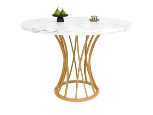 Table ronde, table légère et élégante, idéale pour 4 à 6 personnes, pieds dorés, plateau en mdf effet marbre