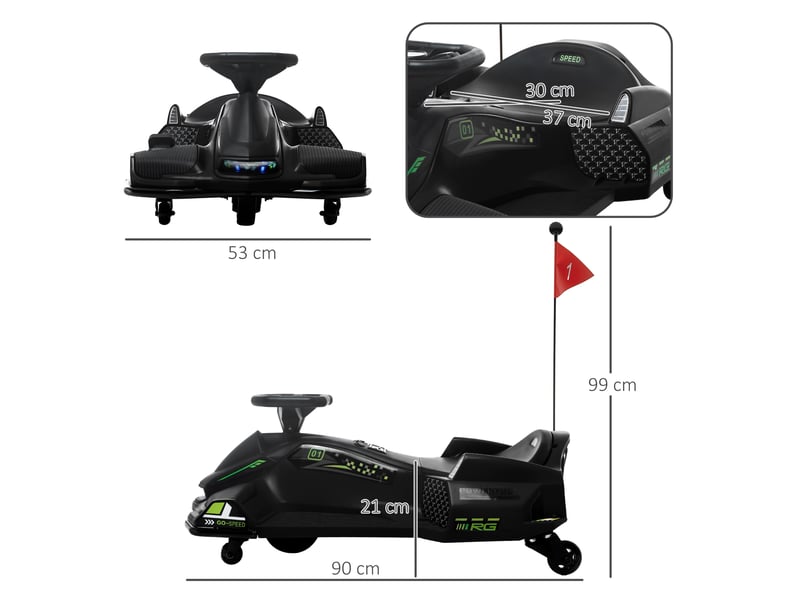 Kart électrique pour enfant 12v, karting enfant, vitesse réglable 3-8 kmh, mode de dérive, 90 x 53 x 99 cm, noir - Conforama E