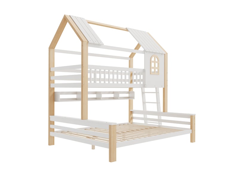 Lit superposé cabane 90x200140x200 cm, blanc et bois naturel Fay Lum - Conforama R