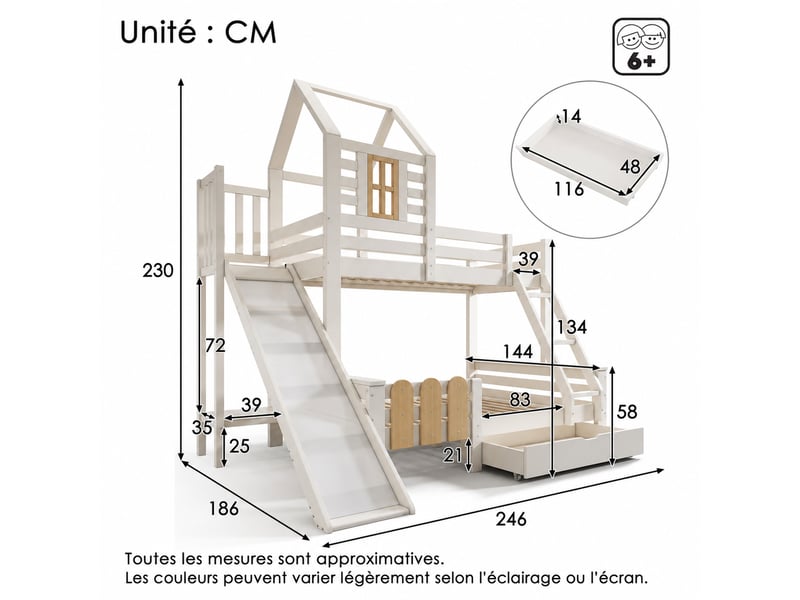  Lit superposé, lit 3 places avec toboggan, échelle et tiroir, 200x90 cm et 200x140 cm, sans matelas, blanc  - Conforama D