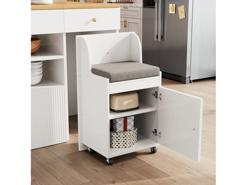  Desserte de cuisine avec 6 tiroirs, étagères et tabouret à roulettes pour cuisine, blanc, 140 × 40(70) × 89 cm  - Conforama E