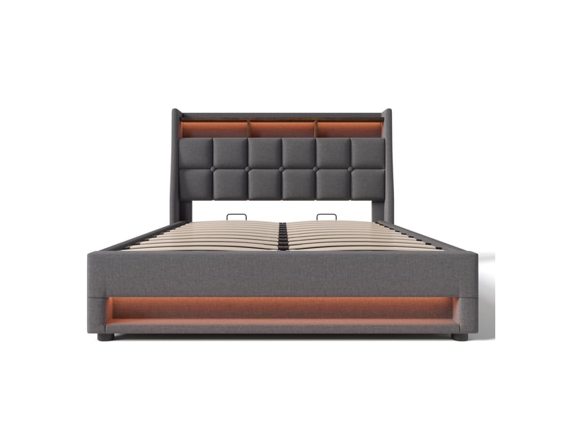  Lit 2 places 160x200 cm – gris – coffre relevable, led, usb et matelas à ressorts 7 zones h3 inclus  - Conforama D
