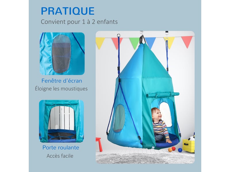 Balançoire nid d'oiseau avec tente amovible ø 100 cm charge max. 150 kg corde réglable en hauteur 120 à 180 cm bleu - Conforama E