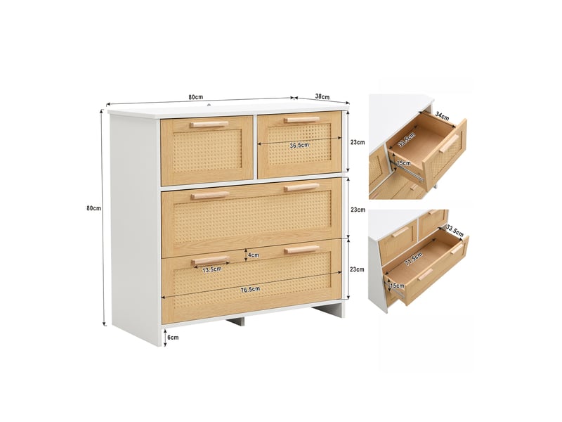  Commode de chambre, 80x80x38 cm, meuble de rangement chiffonnier pour salon et entrée, 4 tiroirs en rotin naturel, naturel et blanc  - Conforama E