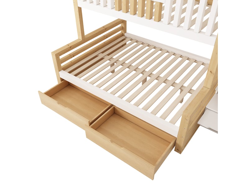  Lit superposé cabane 90x200 et 140x200 cm blanc et chêne avec escalier Fay Lum - Conforama E