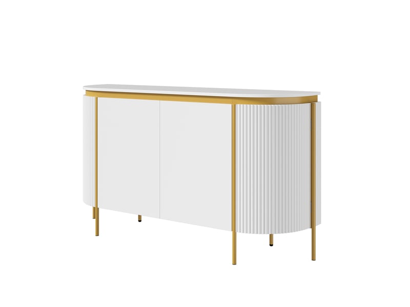 Buffet blanc ovale en mdf avec 4 portes sans poignées, étagère intérieure, passe-câbles, pieds en fer - Conforama D