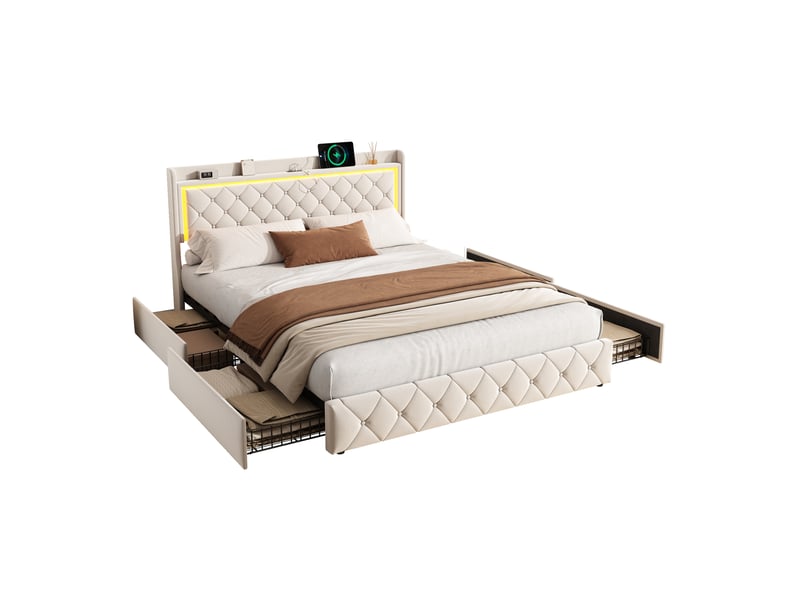  Lit coffre capitonné 140 x 190 cm - avec espace de rangement - led, ports usb et type-c -  velours  - Conforama A