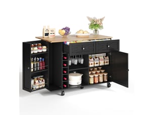 Desserte de cuisine 120 x 45 à 70 x 89 cm noire en mdf, plateau rabattable, rangements sur roulettes