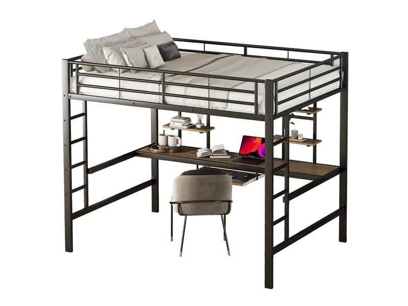  Lit mezzanine 140x200 cm avec bureau et 2 étagères, métal noir, enfants et adultes  - Conforama A