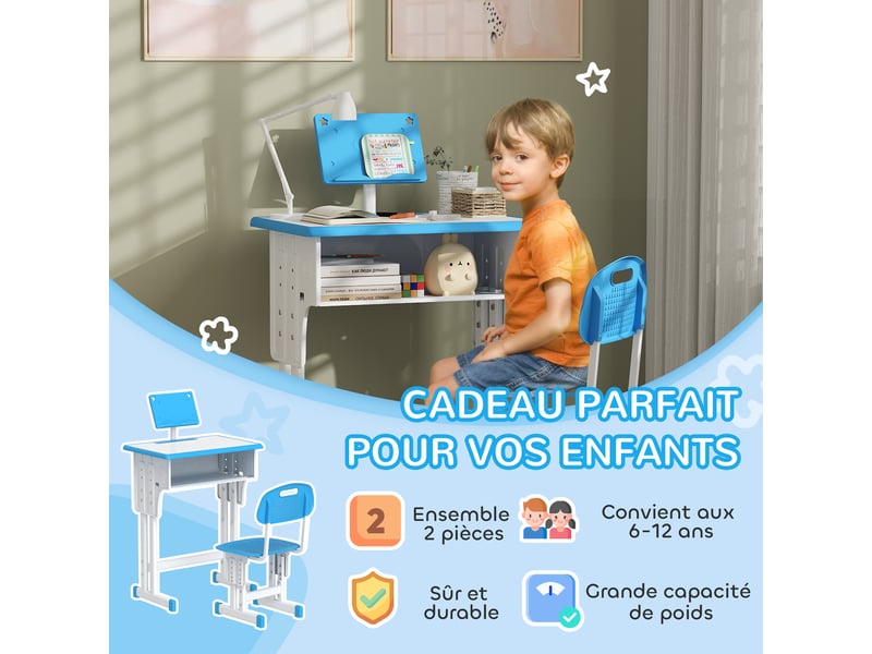  Bureau et chaise pour enfant avec support de lecture casier crochet et porte stylo 60 x 45x 90-102 cm bleu  - Conforama E