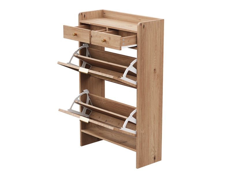  Meuble à chaussures étroit, 65x25x106 cm, 2 abattants effet rotin, 2 tiroirs, naturel Fay Lum - Conforama E