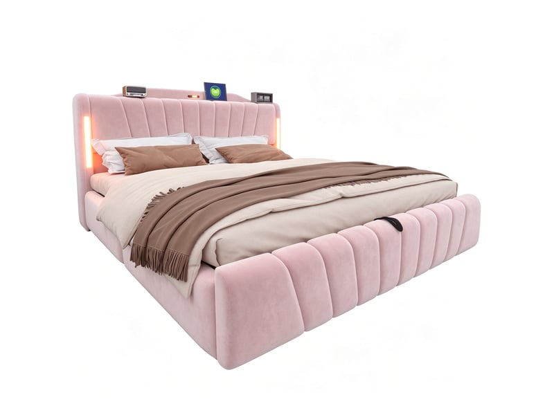  Lit coffre double 180x200 cm, led réglables, ports usb et usb-c, sommier relevable, velours rose, sans matelas  - Conforama A