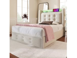 Lit coffre tcqpz 90 x 200 cm avec tête de lit led et usb-c, rangement hydraulique, coton lin, beige