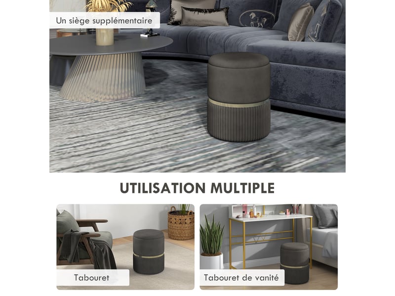  Pouf tabouret repose-pied coffre de rangement en velours côtelé 36 x 36 x 44 cm pour salon chambre gris  - Conforama R