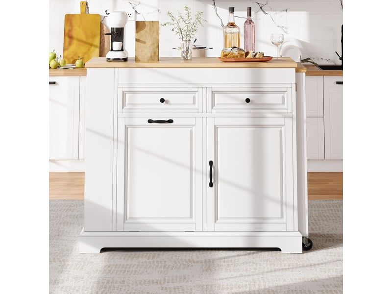  Îlot de cuisine sur roulettes plateau extensible 112-180 cm meuble poubelle 2 tiroirs blanc  - Conforama D
