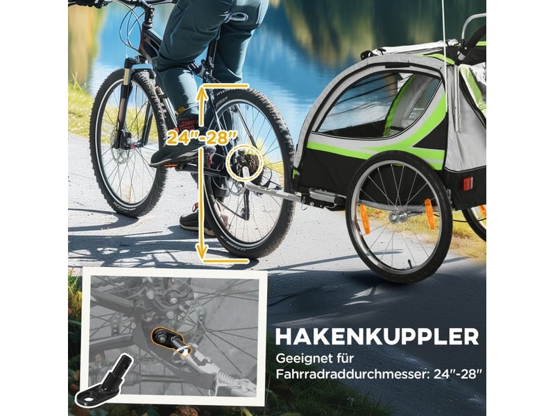  Remorque vélo 2-en-1 pour 2 enfants 142x75x101 cm – vert – fonction poussette  - Conforama C
