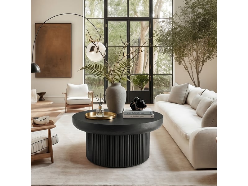  Table basse ronde cannelée, plateau de 8 cm en bois noir  - Conforama B