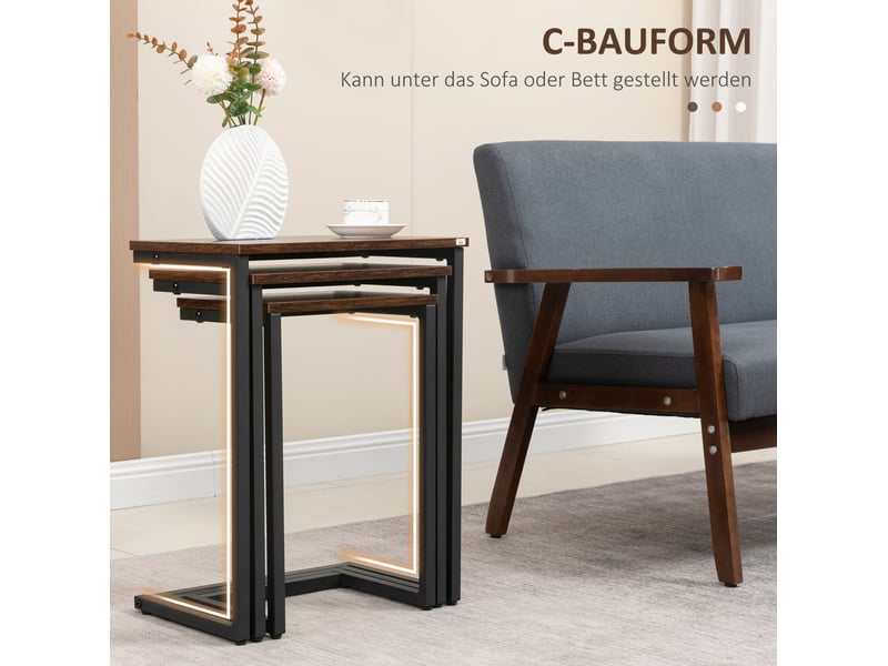  Tables d’appoint gigognes lot de 3 en forme c à glisser sous canapé style industriel en panneau de particules marron  - Conforama E