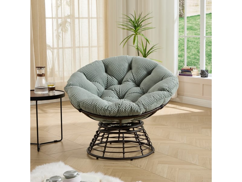  Fauteuil papasan pivotant à 360° en résine tressée - 92x92x67cm - coussin épais velours côtelé confortable - marron et vert  - Conforama C