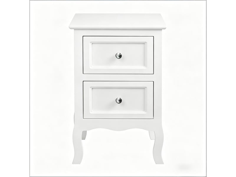  Table de chevet avec 2 tiroirs, poignées métalliques et pieds courbés pour chambre en mdf laqué blanc compacte  - Conforama A