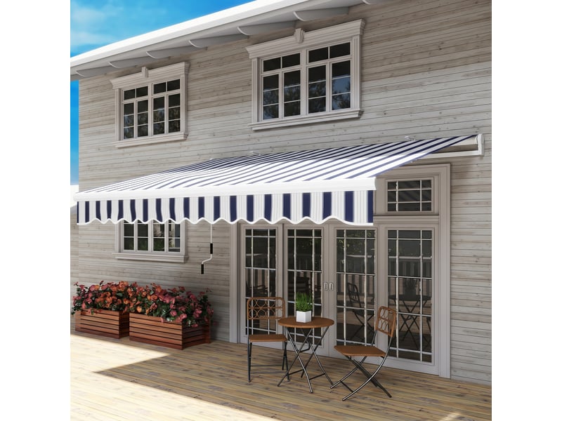  Store banne rétractable manuel 395 x 245 cm, bras articulé à angle réglable, protection uv et étanchéité, fixation murale, bleu et blanc  - Conforama D