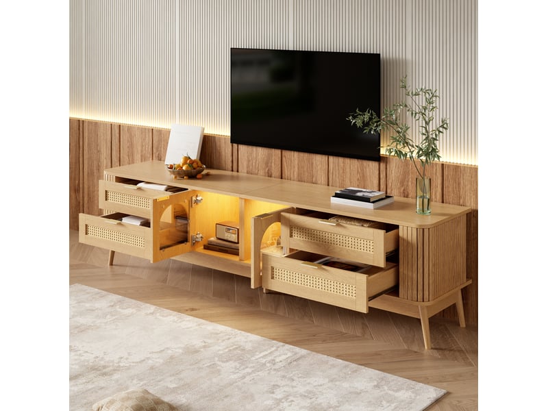  Meuble tv avec led pilotée par application, 4 tiroirs et 2 portes vitrées pour salon, bois naturel 180 × 40 × 50 cm  - Conforama E