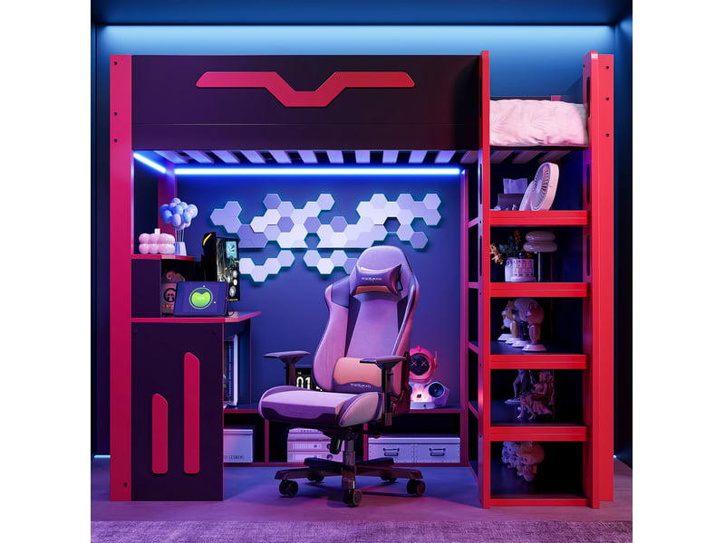 Lit mezzanine enfant 90x200 cm avec bureau, rangements, led et escalier noir rouge - Conforama D