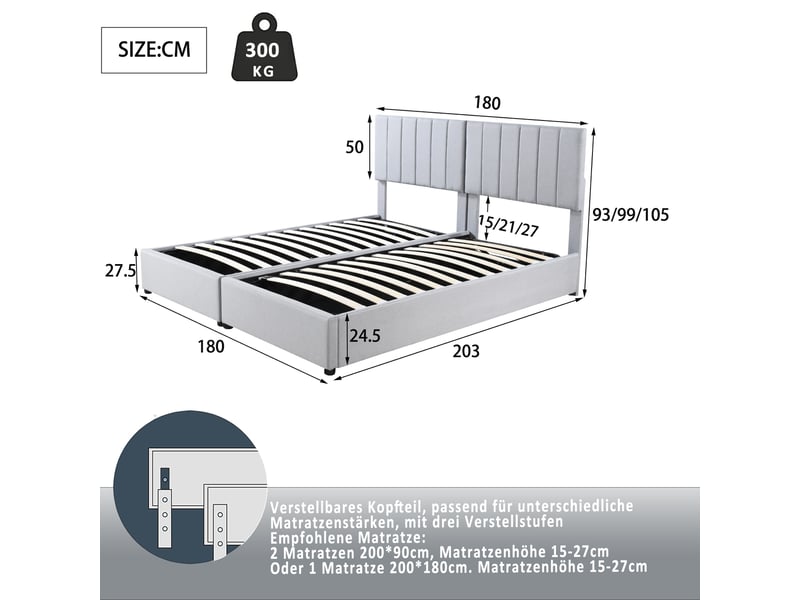  Lit coffre 180x200 cm, coffre de rangement hydraulique et convertible en 2x90x200 cm, en tissu, gris, sans matelas  - Conforama D