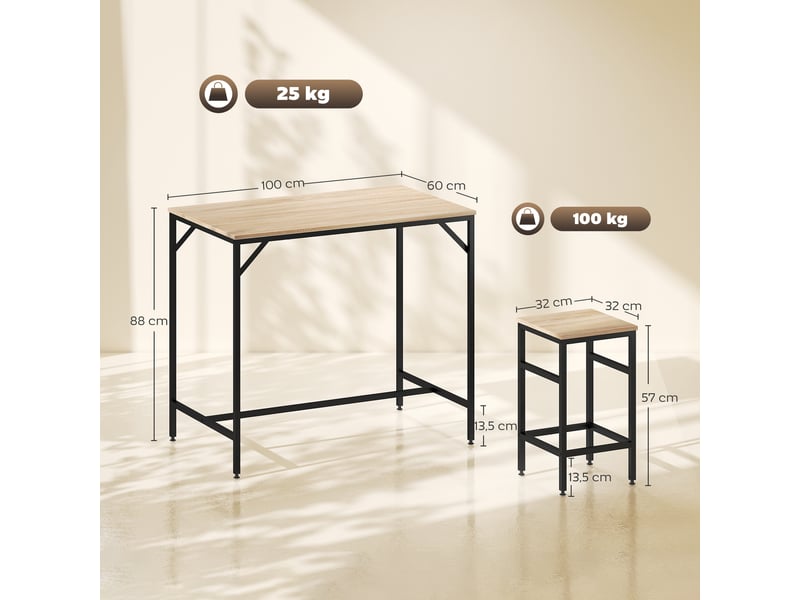  Ensemble table de bar industriel + 4 tabourets cadre en métal noir repose-pieds en bois couleur chêne clair  - Conforama C