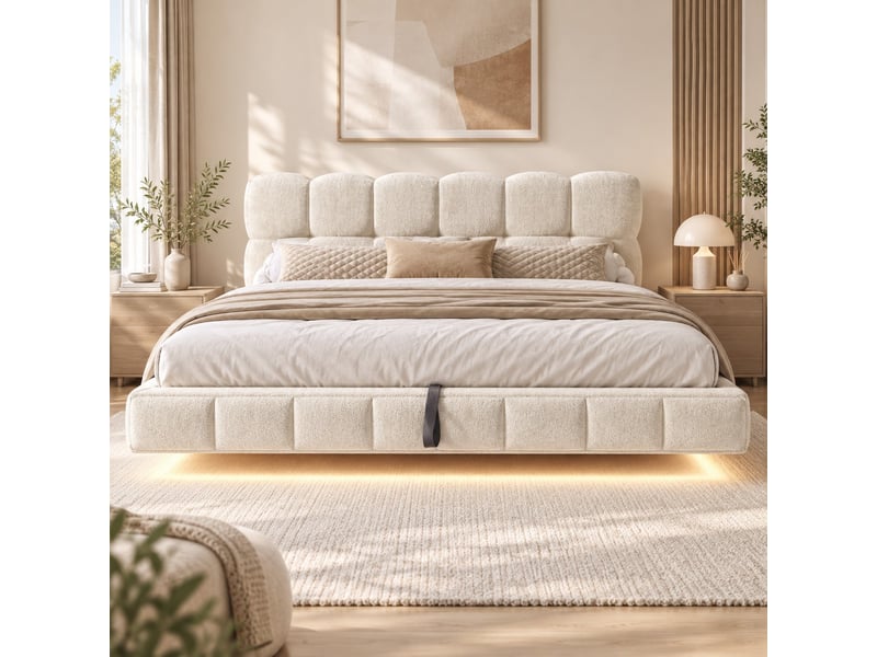 Lit double rembourré 140x200 cm effet suspendu, design nuage, rangement hydraulique, led, usbtype-c, chenille beige, sans matelas Fay Lum - Conforama D