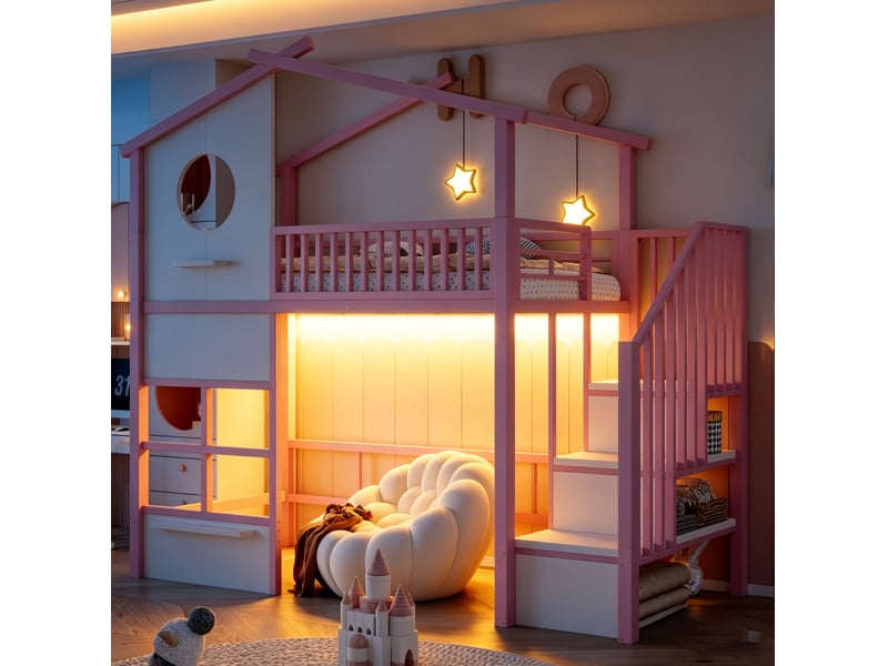Lit mezzanine enfant 90x200 cm avec led et escalier de rangement rose et blanc - Conforama E