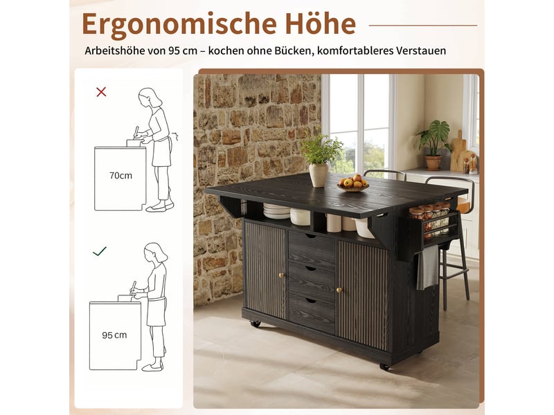 Desserte cuisine, îlot central sur roulettes avec plan de travail, plateau extensible, 3 tiroirs, dimensions 142,5 x 80 x 95 cm, mdf, noir - Conforama E