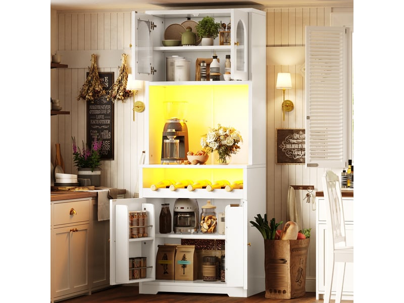  Vaisselier buffet haut 180cm blanc meuble de rangement avec led rgb et portes vitrées  - Conforama B
