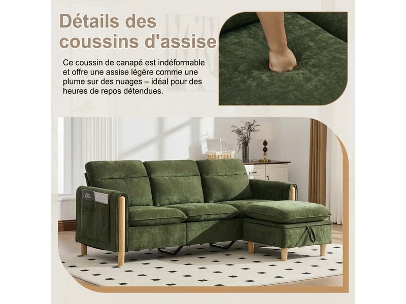  Canapé d'angle 3 places en chenille vert avec pouf de rangement et méridienne réversible - style nordique  - Conforama E