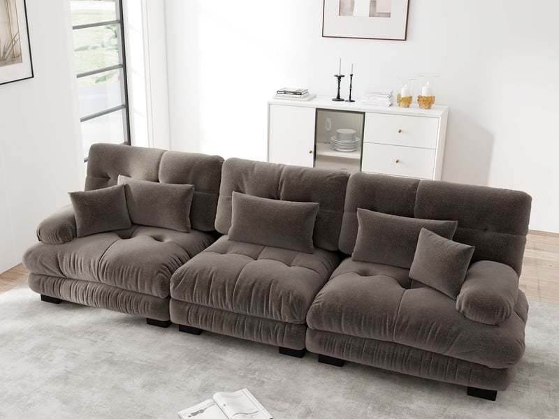 Canapé droit modulable 3 places avec assise profonde et convertible en chenille, 313x77x81cm, marron  - Conforama B