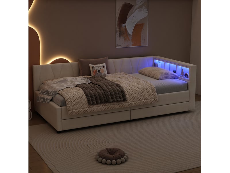  Modenvie lit banquette 90x200 cm - avec tiroirs, niches, led et ports usb-c, sans matelas - beige  - Conforama D