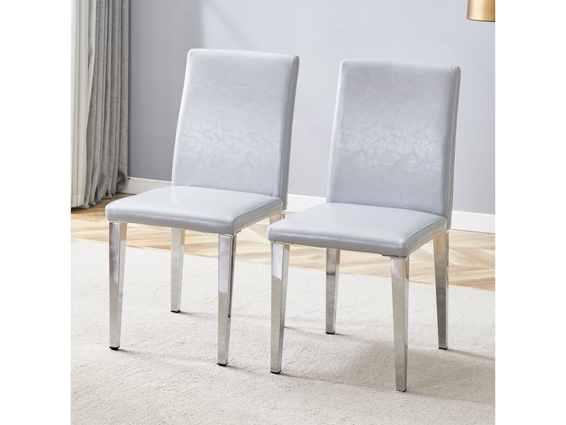 Lot de 2 chaises de salle à manger en cuir pu gris clair avec pieds en métal argenté, design moderne - Conforama B