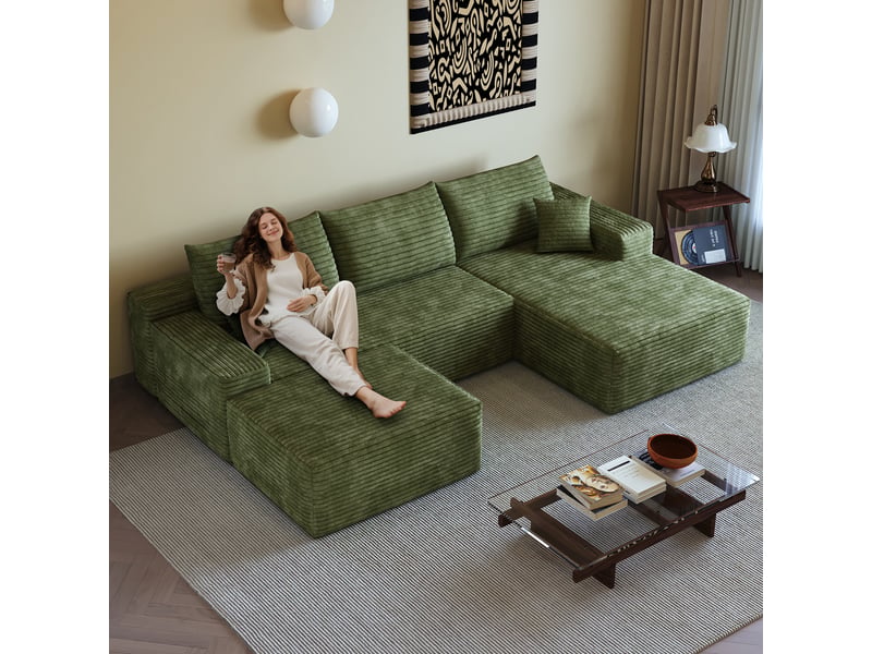 Canapé d’angle modulable 270 x 175 x 83 cm 3 places avec pouf, méridienne en l, assise profonde, sans montage, vert Bliss Lite - Conforama E
