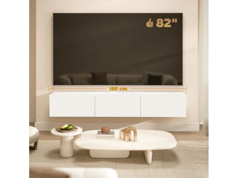  Meuble tv mural blanc 180 x 31,5 x 29,8 cm, 3 portes abattantes  - Conforama C