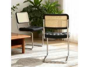 Lot de 2 chaises de salle à manger avec dossier en rotin et pieds chromés