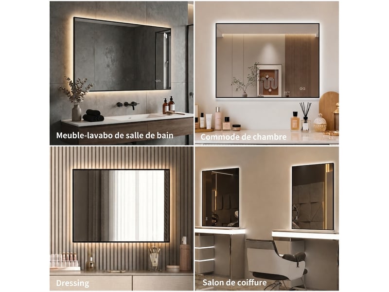  Miroir de salle de bain led 50x70 cm avec cadre en aluminium, rétroéclairé, anti-buée, 3 couleurs  - Conforama D