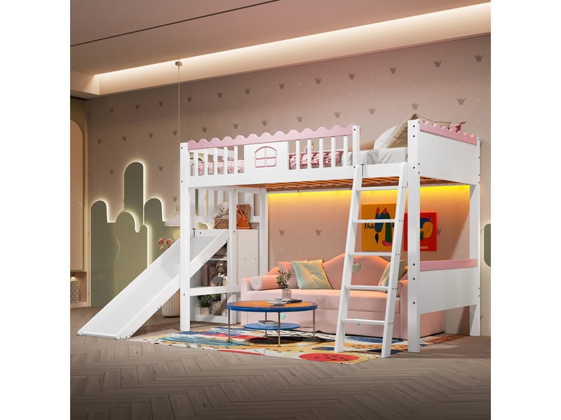  Lit mezzanine 90x200 cm - lit enfant avec toboggan, étagère intégrée et lumière led télécommande, sans matelas - blanc  - Conforama D